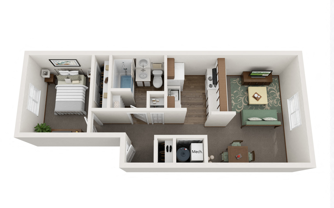 Floor plan for 1 bed, 1 bath, 582 sqft